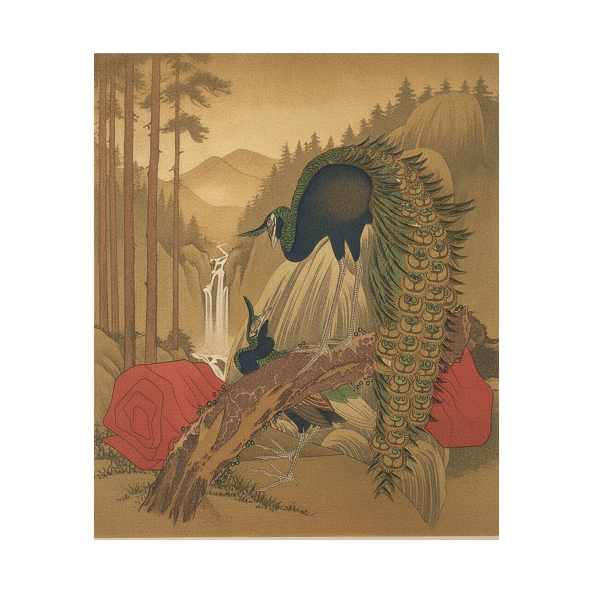 Scenic Nature — Painting Of Peacocks, Pines, A Waterfall, And A Roll Of Red Fabric — Matte Poster