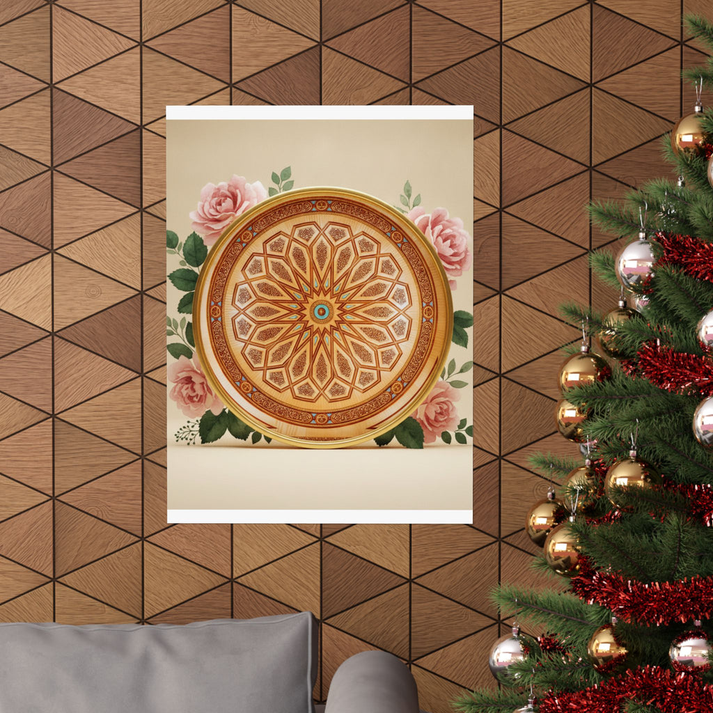 Gilded Moroccan Medallion and Pink Roses Art Poster