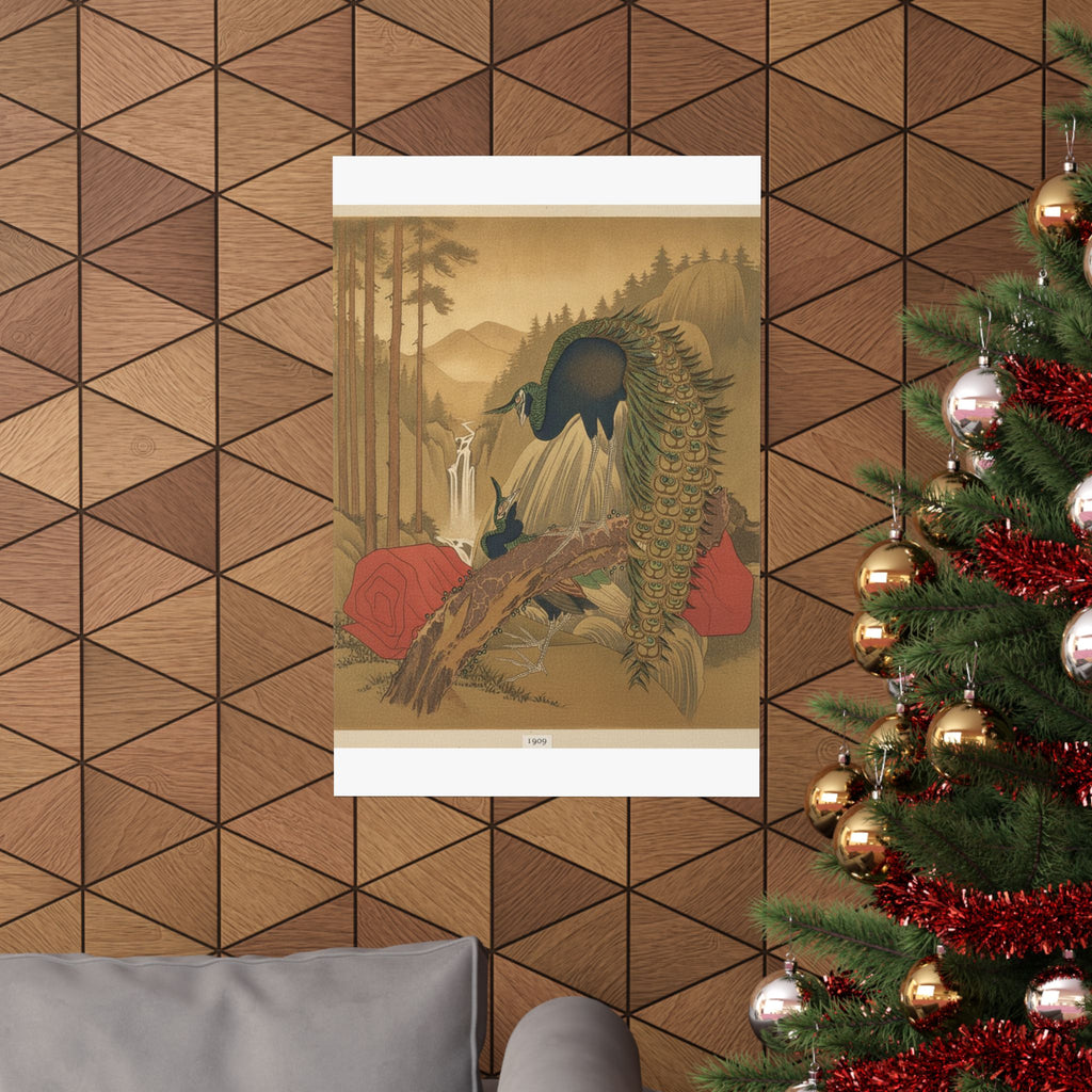 Scenic Nature — Painting Of Peacocks, Pines, A Waterfall, And A Roll Of Red Fabric — Matte Poster