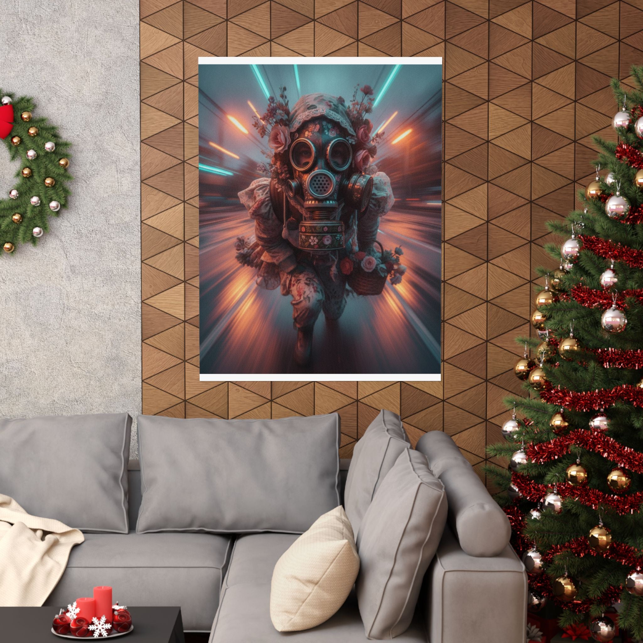 Neon Tunnel Rose Gas Mask Post-Apocalyptic Poster