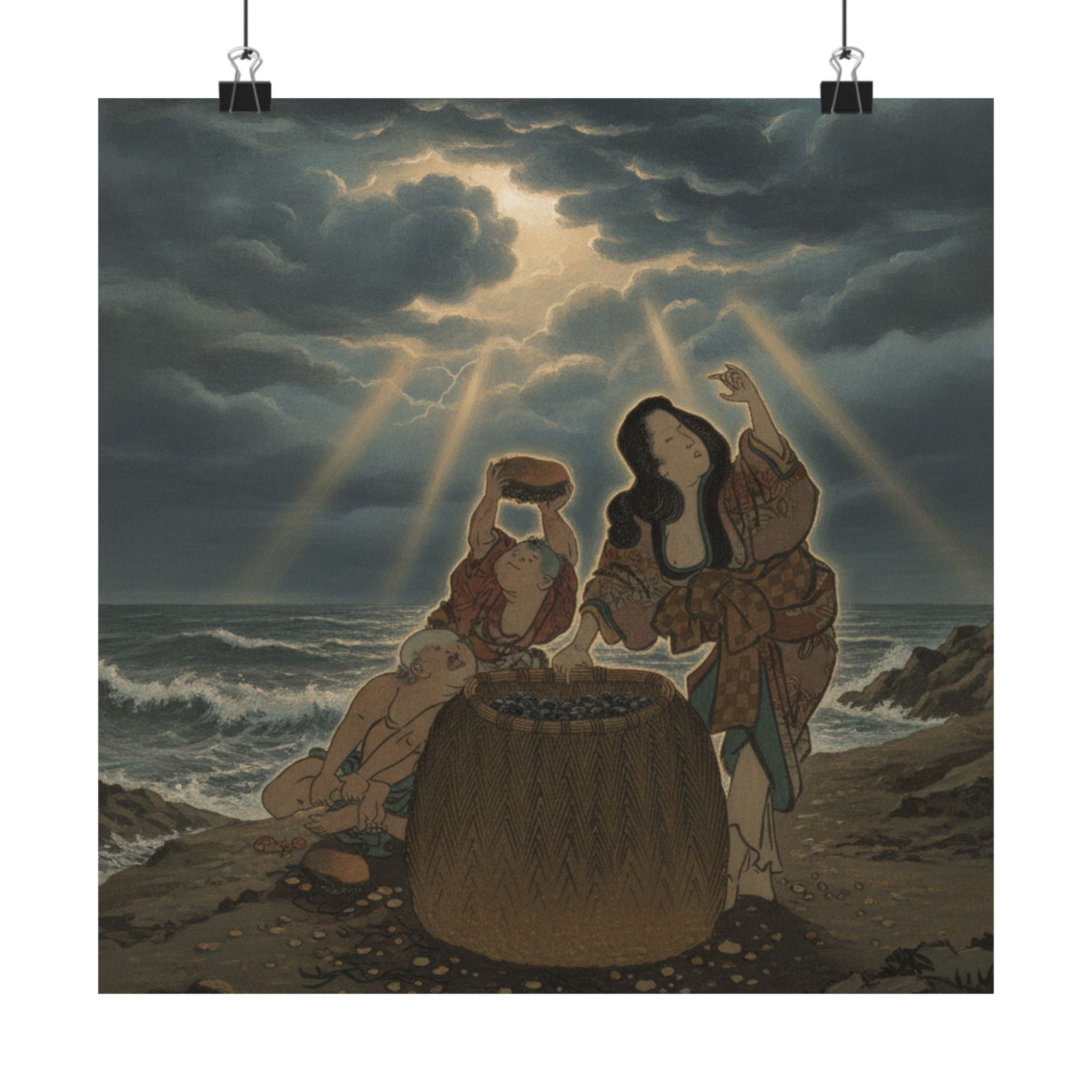 Dramatic Storm — Fisherwoman With A Basket And Two Boys — Matte Poster