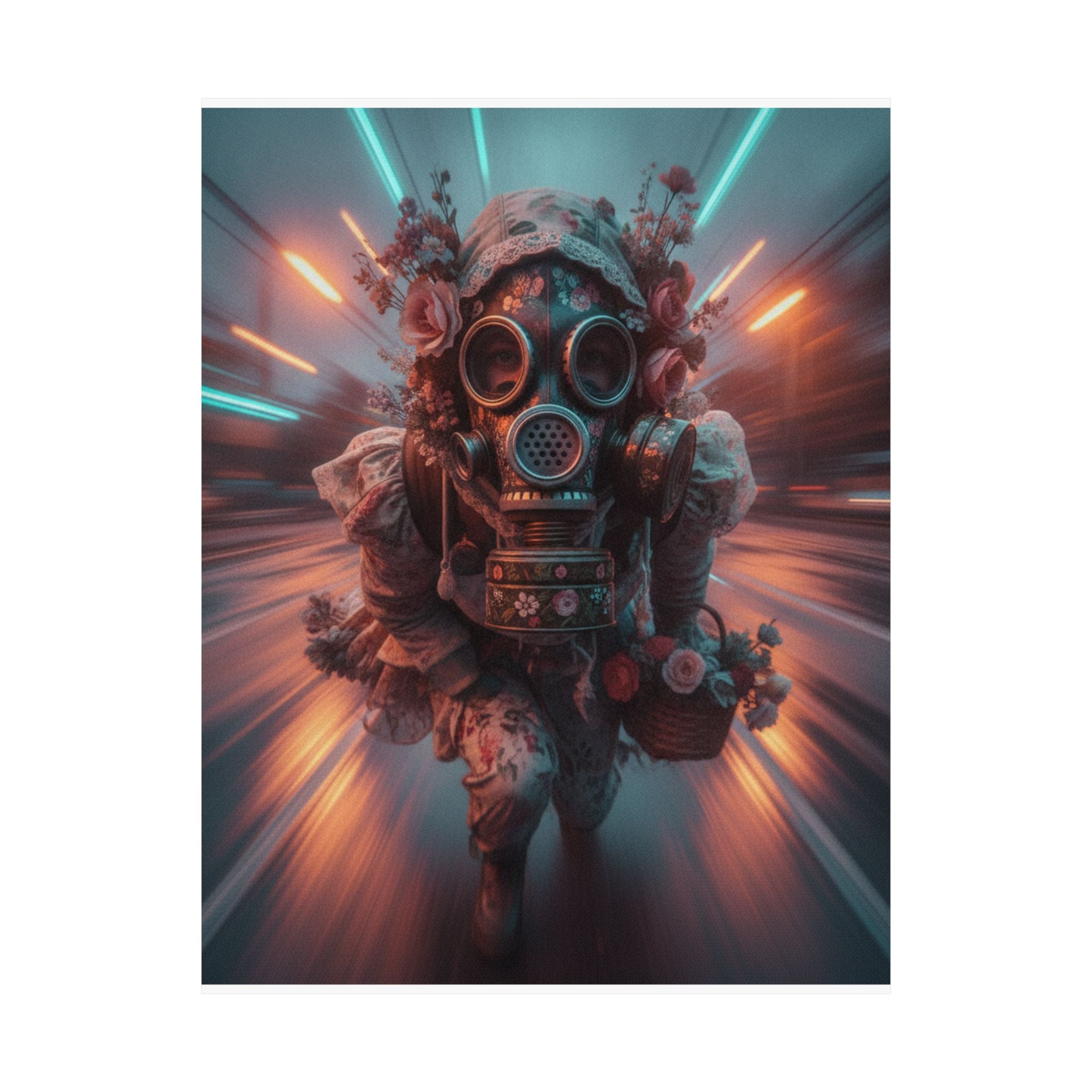 Neon Tunnel Rose Gas Mask Post-Apocalyptic Poster