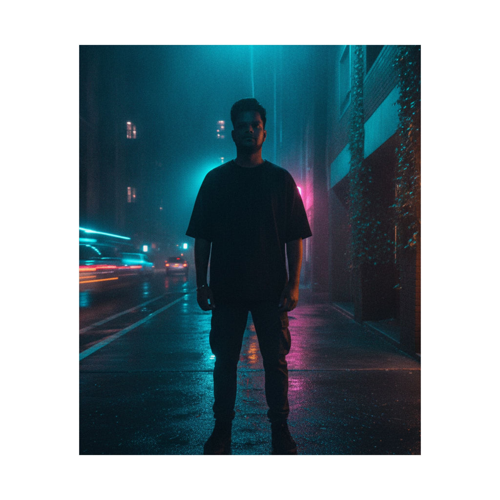 Rainy Neon City Street Silhouette Teal Pink Matte Poster
