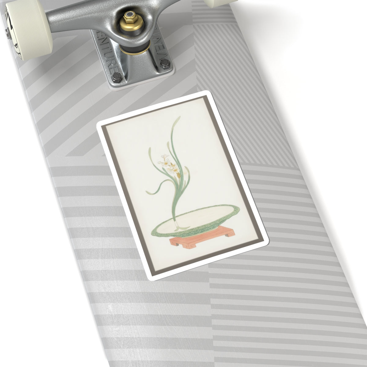 Watercolor — Flower Arrangement Of Suisen (Narcissus) In A Flat Green Dish — Kiss-Cut Sticker