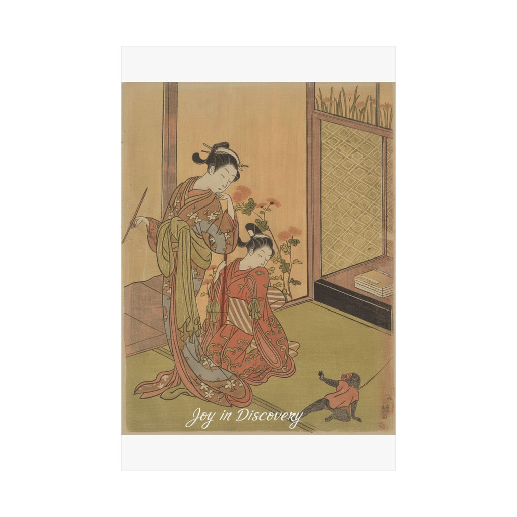 Affirmation — Two Girls Looking At A Monkey On A Leash — Matte Poster