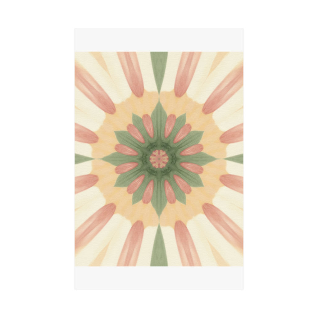 Peach and Sage Floral Kaleidoscope Mandala Poster