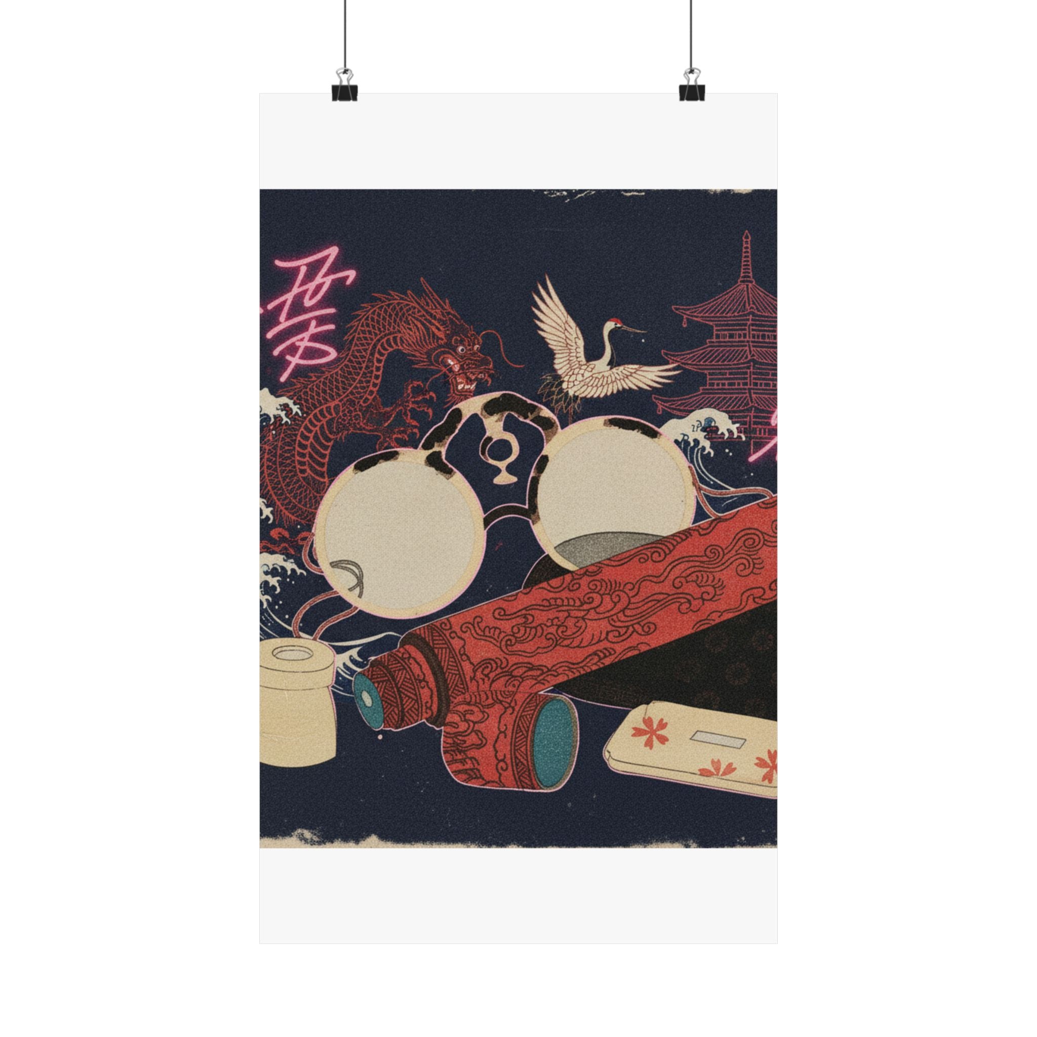 Japanese Street — Spectacles And Telescope With Cases — Matte Poster