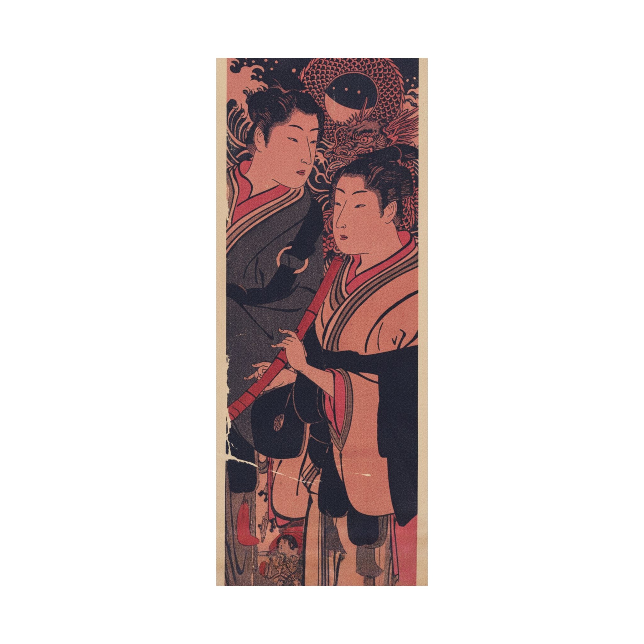 Japanese Street — Two Men, One Playing A Flute — Matte Poster