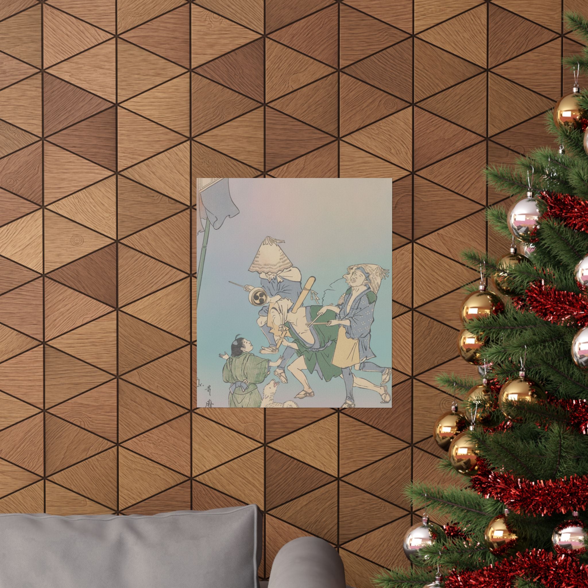 Affirmation — Three Revelers Of The Lower Classes, Wearing Komuso Hats, With Small Boy And Dog — Matte Poster