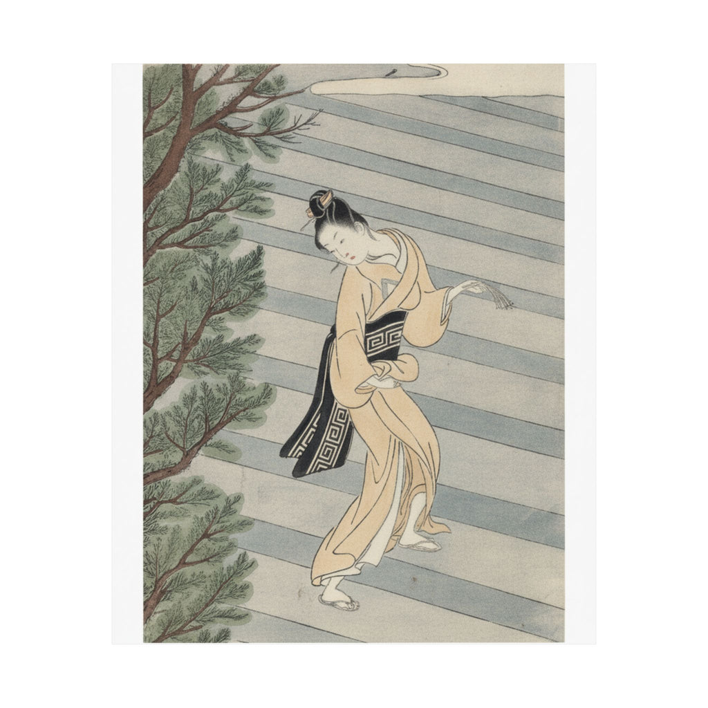 Watercolor — Young Woman Climbing Stone Stairs To A Shinto Temple — Matte Poster