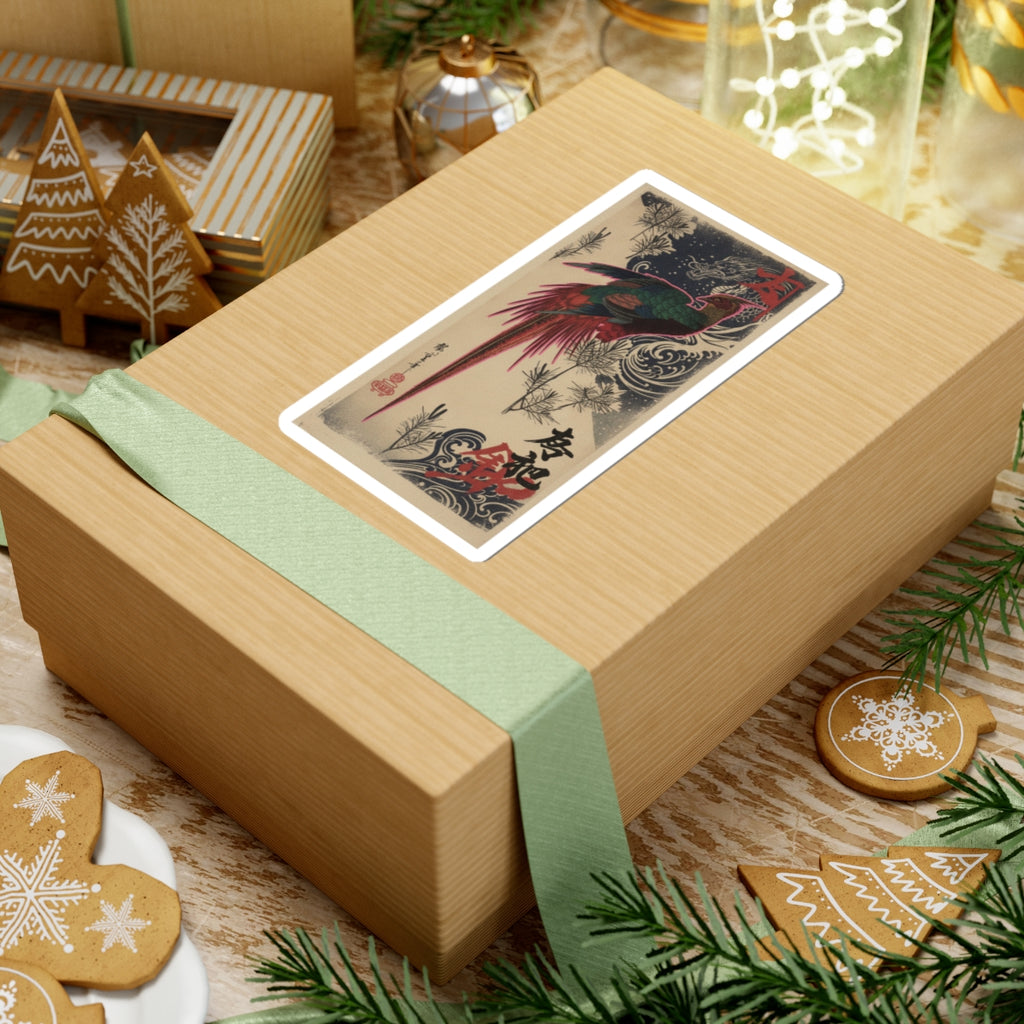 Japanese Street — Golden Pheasant And Pine Shoots In Snow — Kiss-Cut Sticker