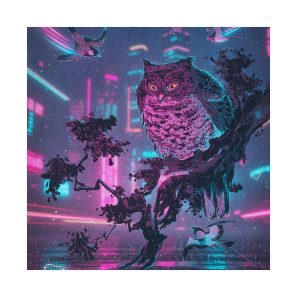 Neon Noir — Owl And Two Swallows — Matte Poster