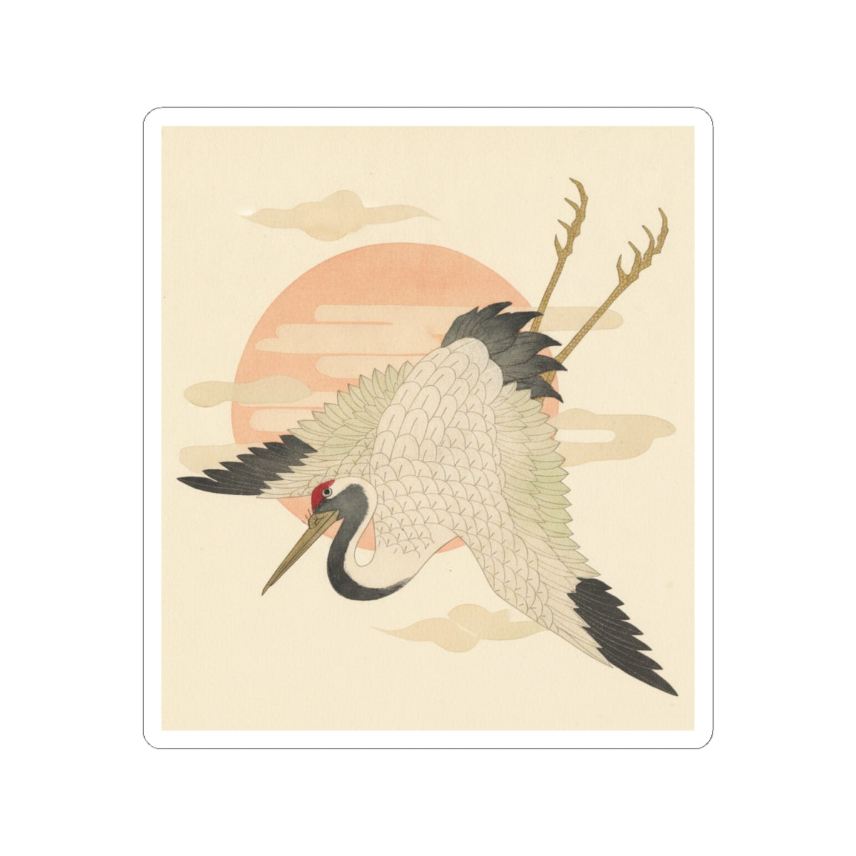 Botanical — White Crane Flying Across The Sun'S Disc — Kiss-Cut Sticker