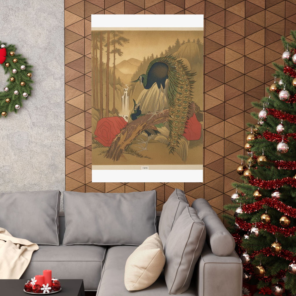 Scenic Nature — Painting Of Peacocks, Pines, A Waterfall, And A Roll Of Red Fabric — Matte Poster