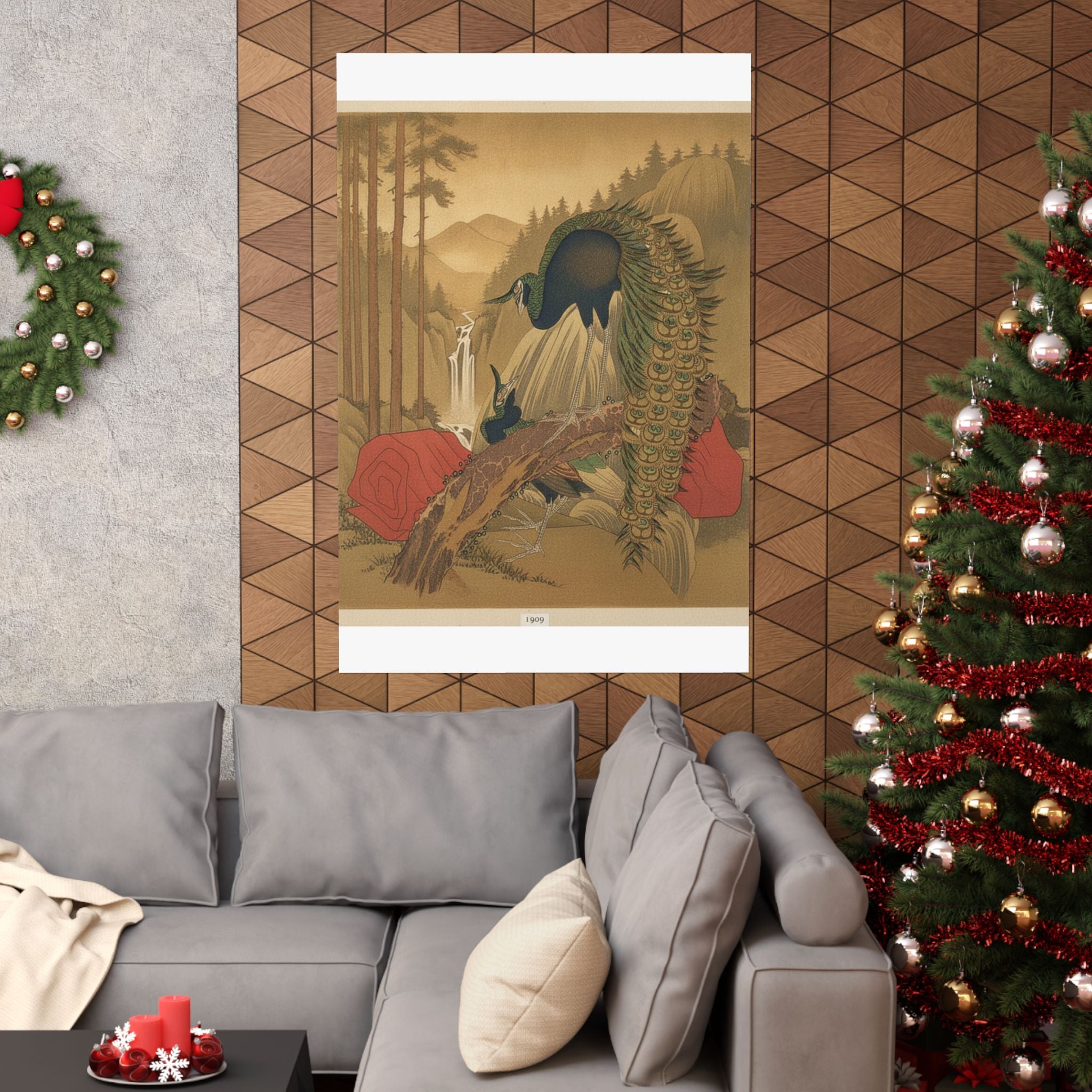 Scenic Nature — Painting Of Peacocks, Pines, A Waterfall, And A Roll Of Red Fabric — Matte Poster