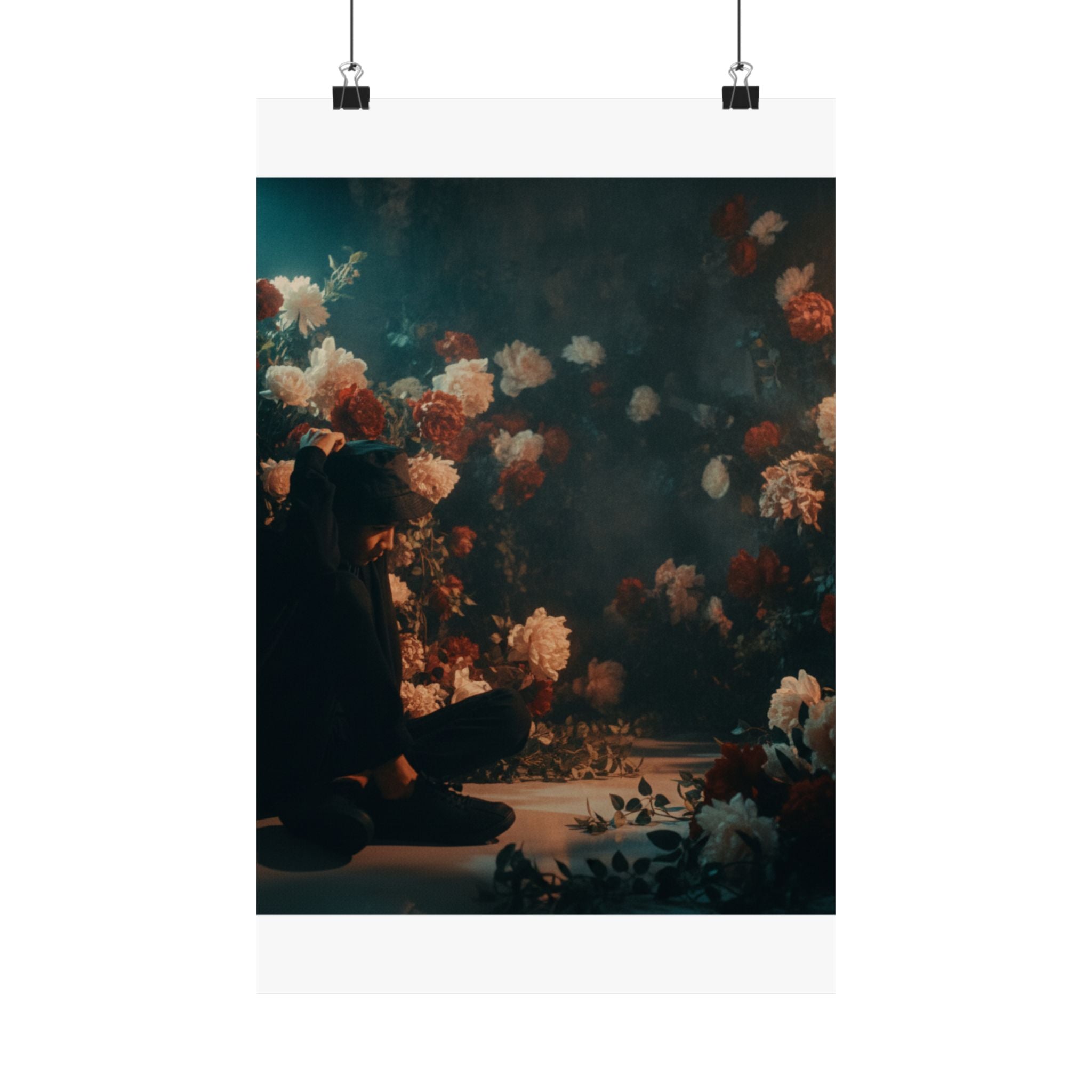 Kneeling Figure in Dark Rose Garden Moody Poster