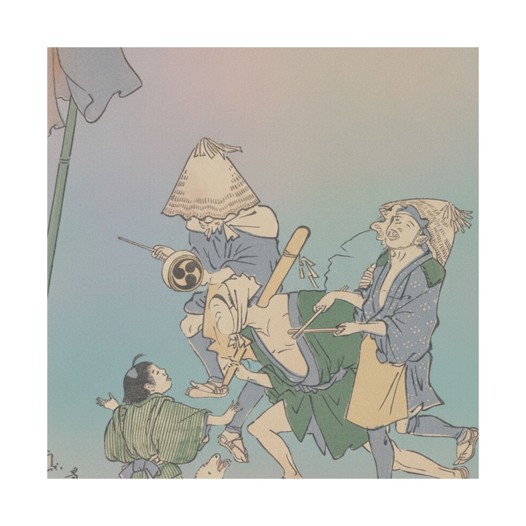 Affirmation — Three Revelers Of The Lower Classes, Wearing Komuso Hats, With Small Boy And Dog — Matte Poster