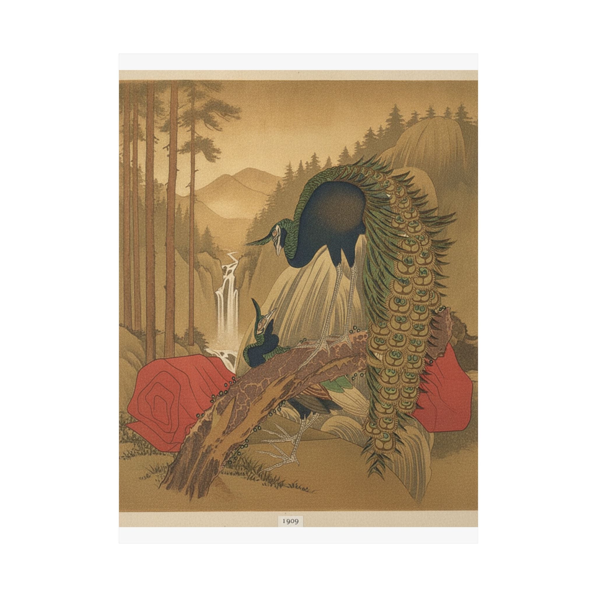 Scenic Nature — Painting Of Peacocks, Pines, A Waterfall, And A Roll Of Red Fabric — Matte Poster