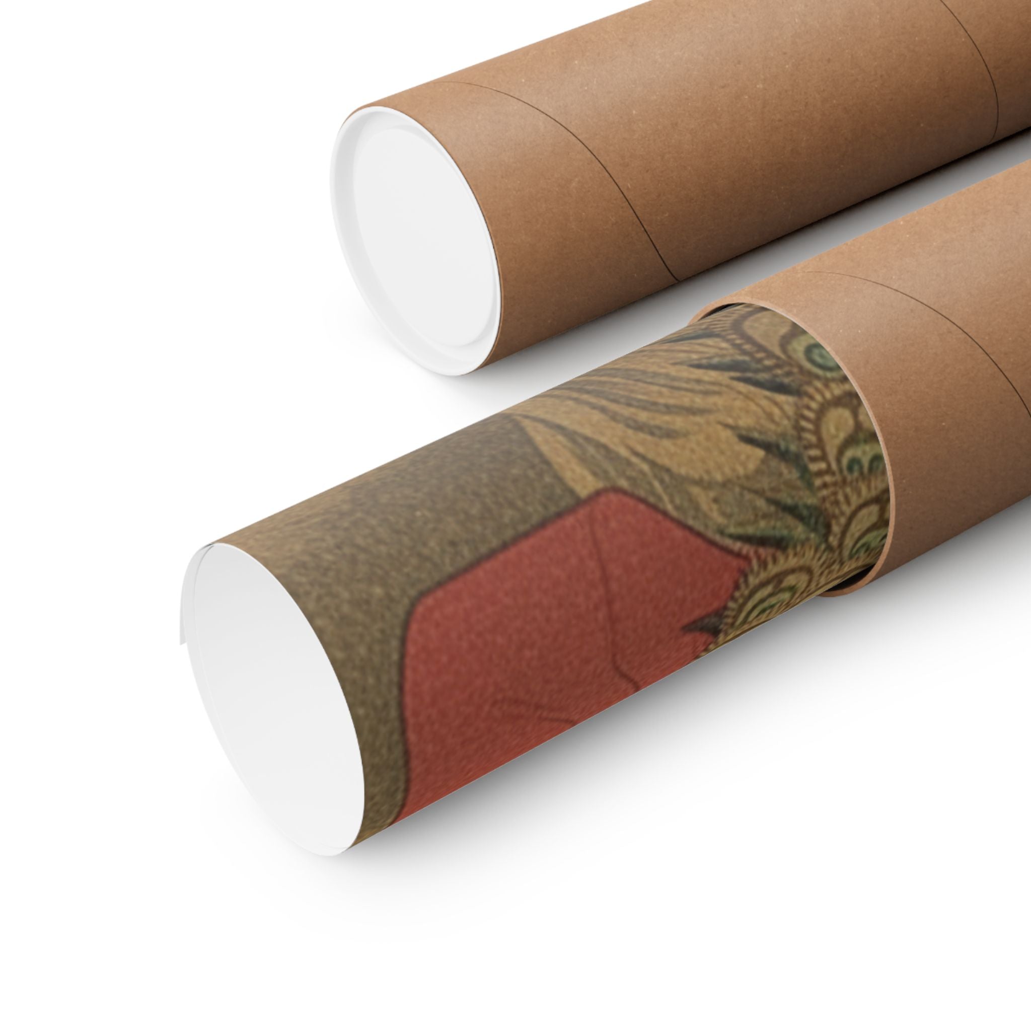 Scenic Nature — Painting Of Peacocks, Pines, A Waterfall, And A Roll Of Red Fabric — Matte Poster