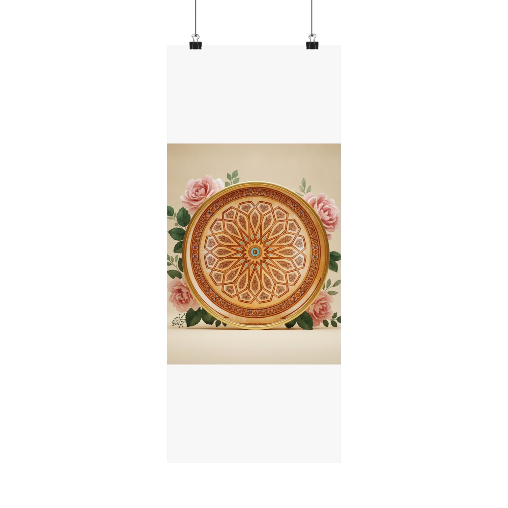 Gilded Moroccan Medallion and Pink Roses Art Poster