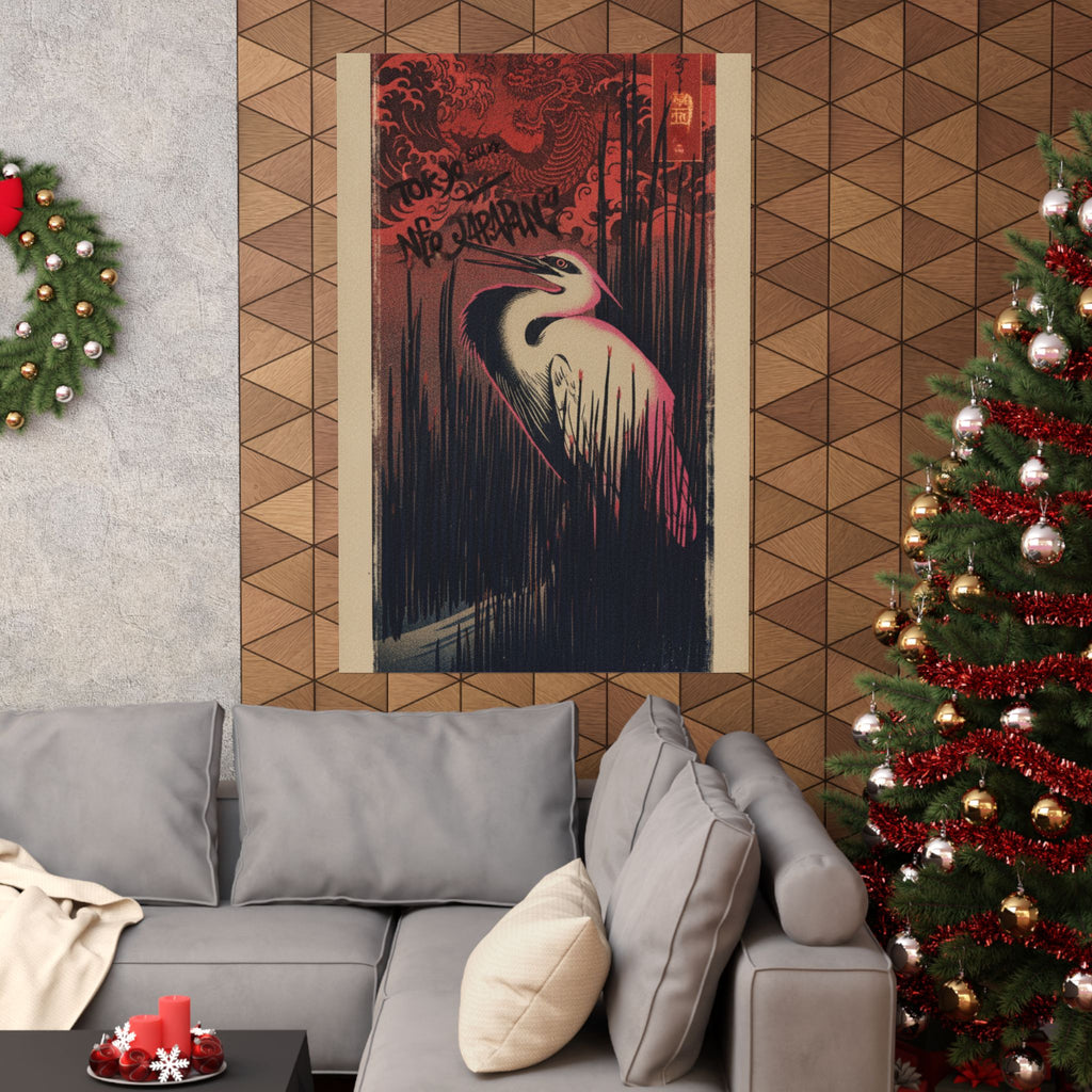 Japanese Street — White Heron Standing Among Reeds — Matte Poster
