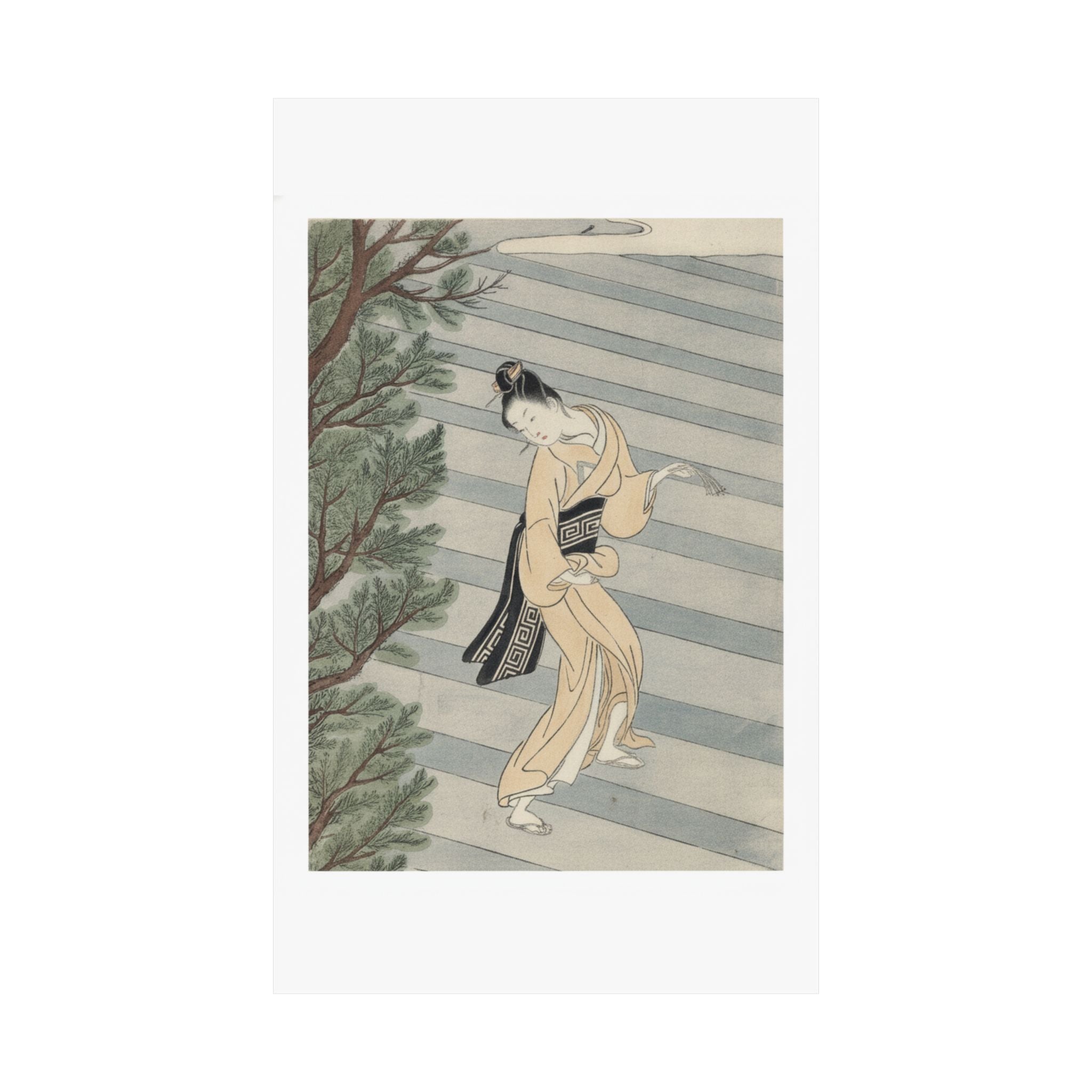 Watercolor — Young Woman Climbing Stone Stairs To A Shinto Temple — Matte Poster