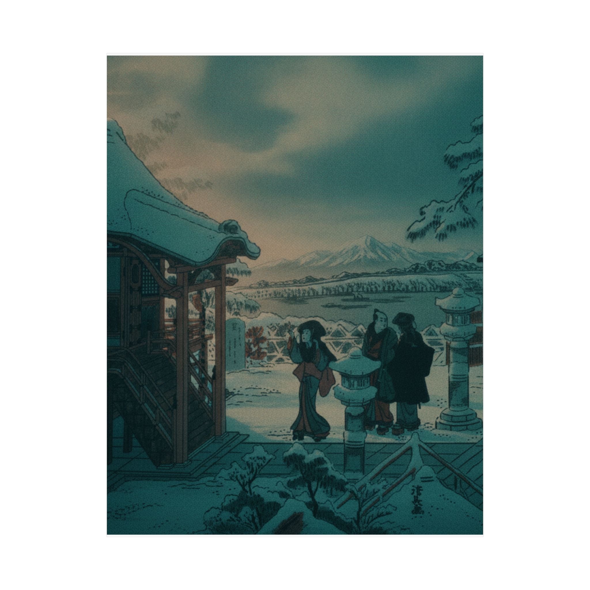 Cinematic — Snow Scene With Figures Outside A Temple — Matte Poster