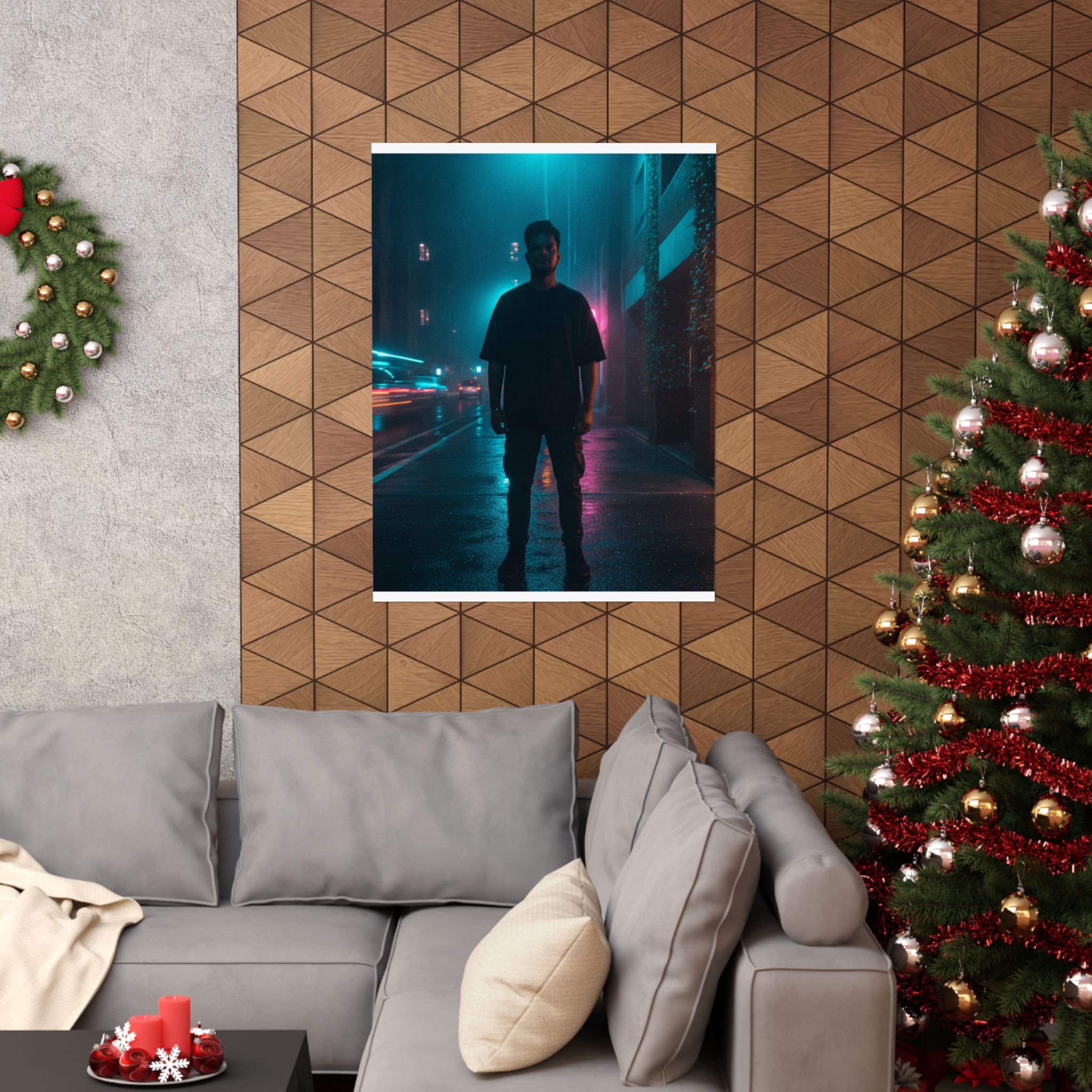 Rainy Neon City Street Silhouette Teal Pink Matte Poster