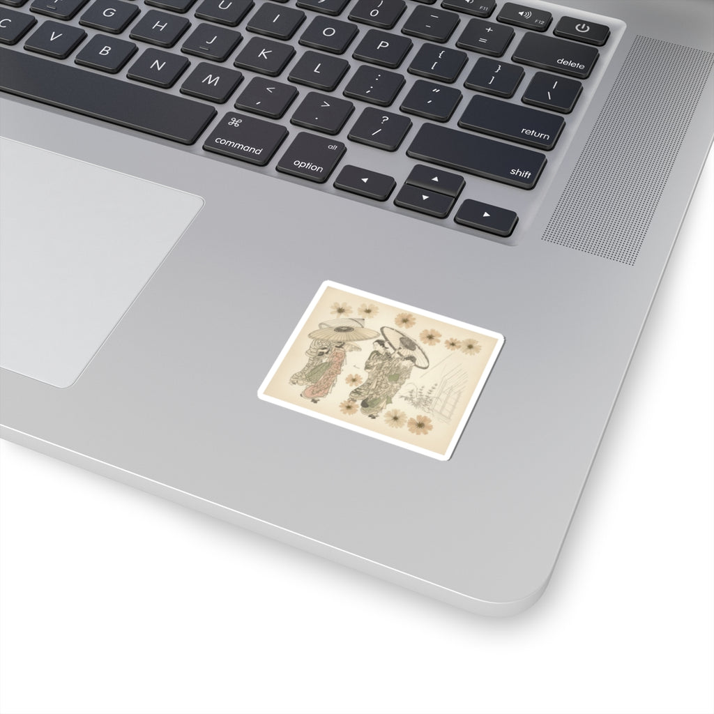 Botanical — A Lady With Three Attendants In The Rain — Kiss-Cut Sticker