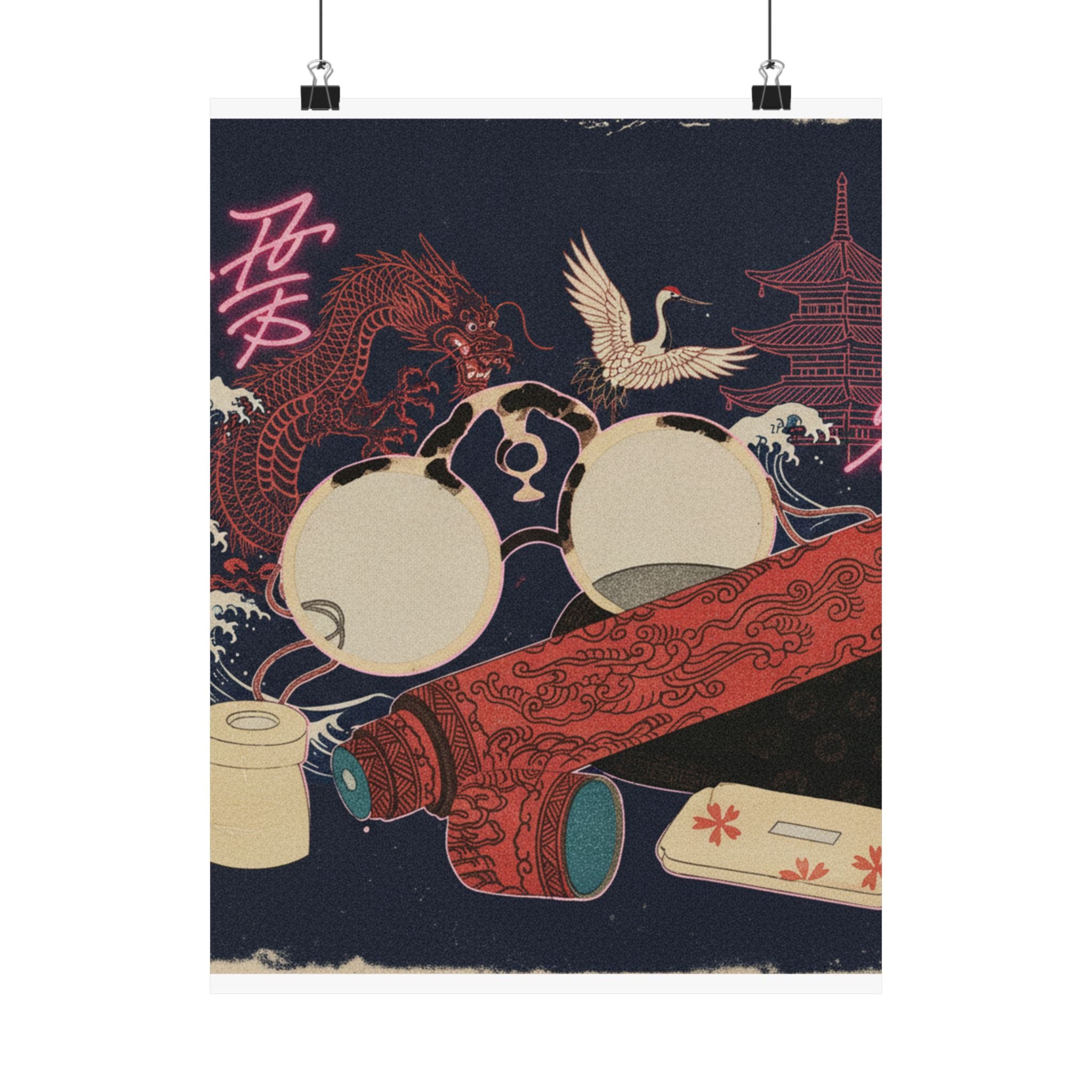 Japanese Street — Spectacles And Telescope With Cases — Matte Poster