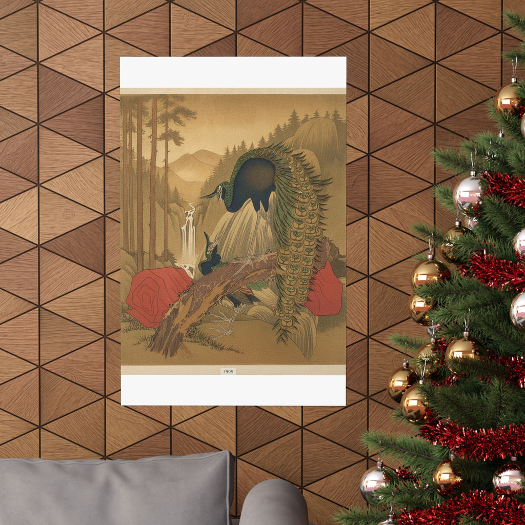 Scenic Nature — Painting Of Peacocks, Pines, A Waterfall, And A Roll Of Red Fabric — Matte Poster