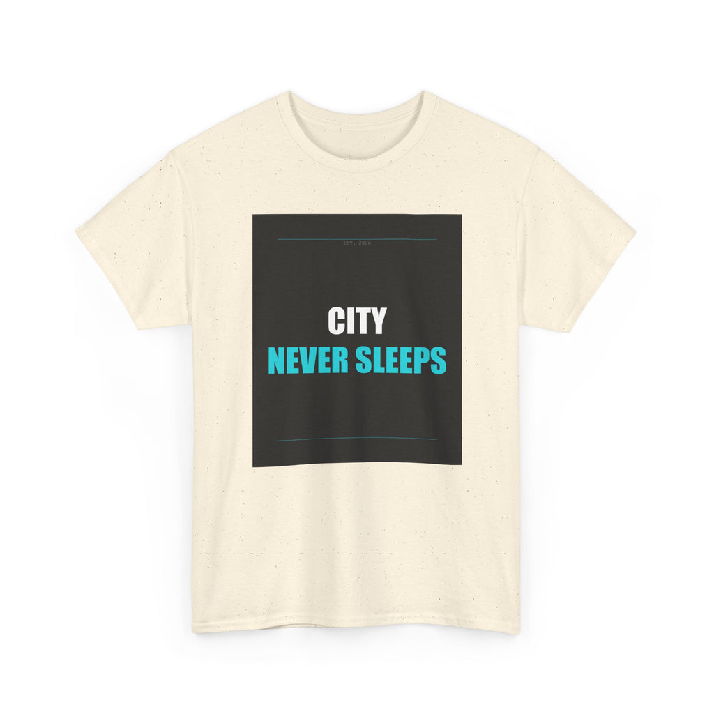 CITY NEVER SLEEPS Cyan Type on Charcoal Graphic Tee