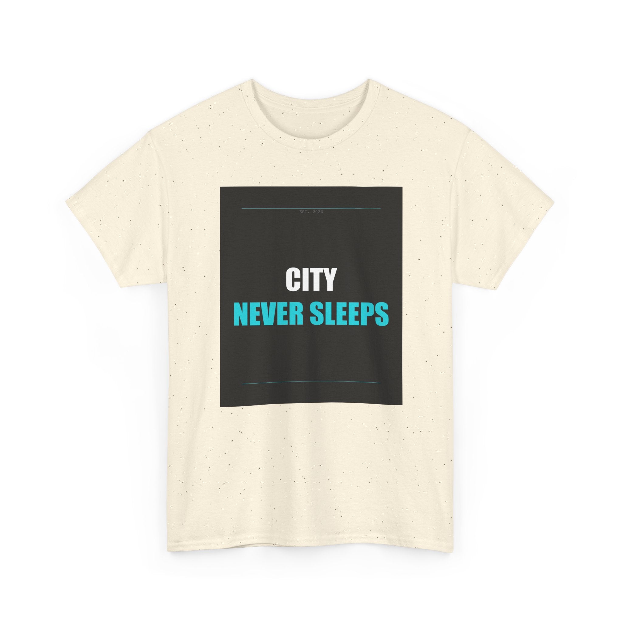 CITY NEVER SLEEPS Cyan Type on Charcoal Graphic Tee