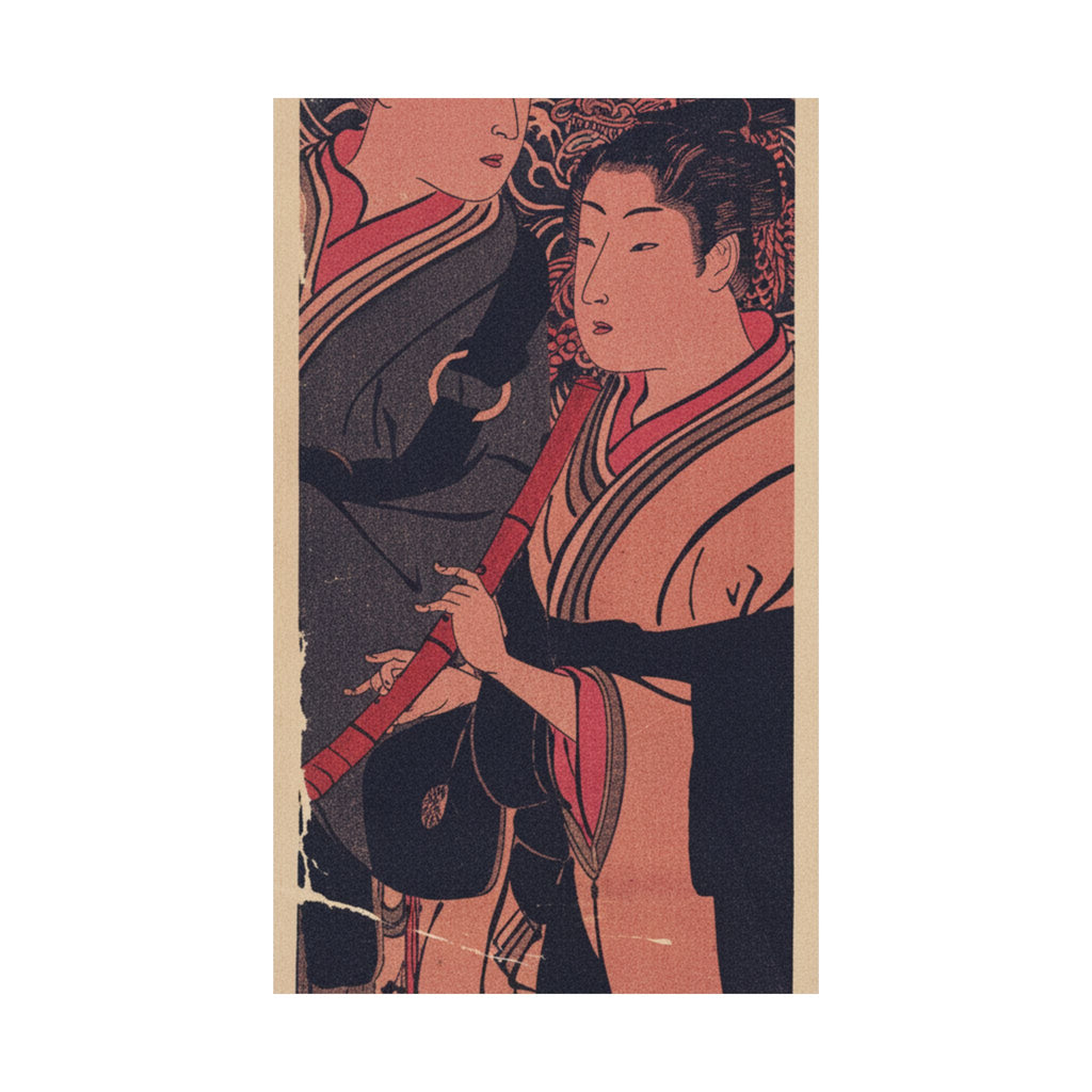 Japanese Street — Two Men, One Playing A Flute — Matte Poster