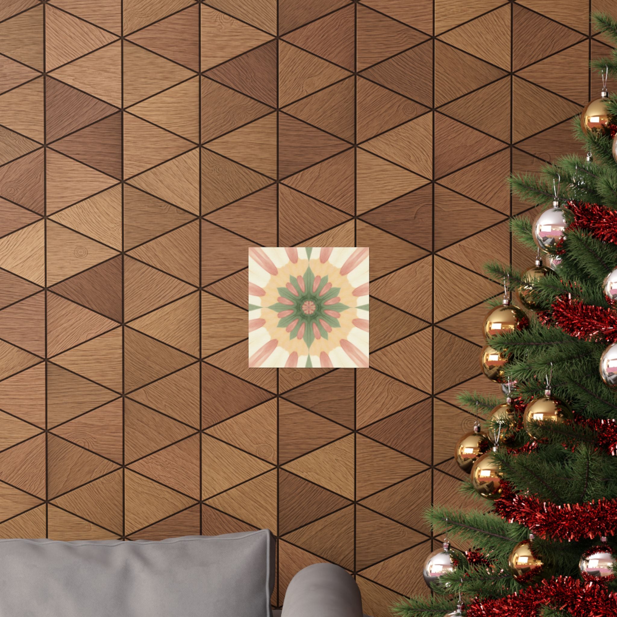 Peach and Sage Floral Kaleidoscope Mandala Poster
