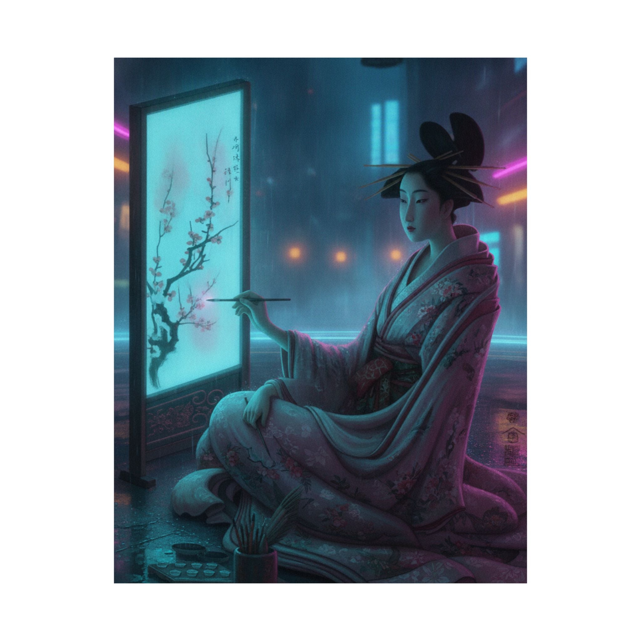 Neon Noir — Young Woman Painting A Screen — Matte Poster