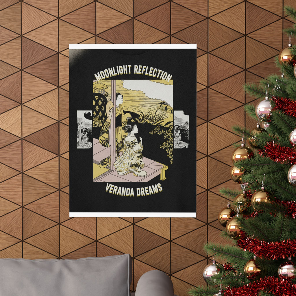 Streetwear Collage — Two Girls On A Veranda Beside A Stream With The Moon — Matte Poster