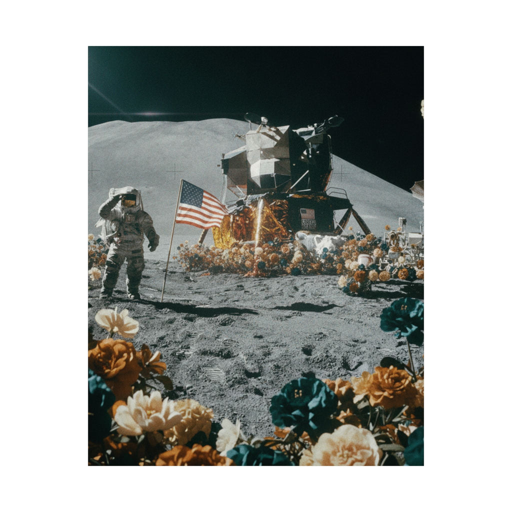 Astronaut Moon Landing in Bloom Surreal Space Poster