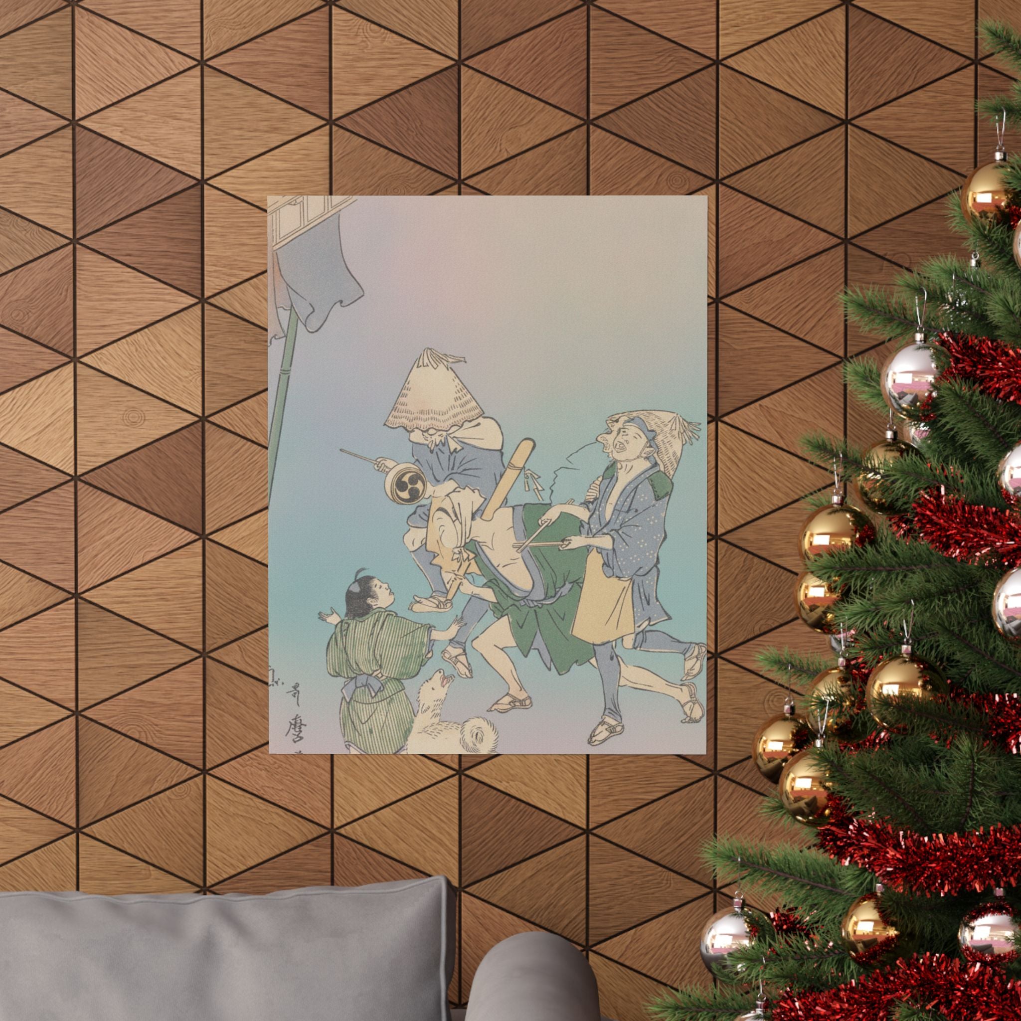 Affirmation — Three Revelers Of The Lower Classes, Wearing Komuso Hats, With Small Boy And Dog — Matte Poster