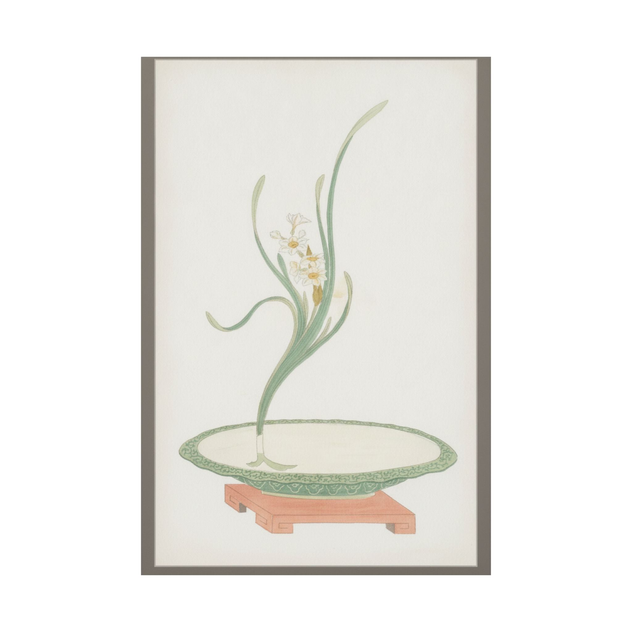 Watercolor — Flower Arrangement Of Suisen (Narcissus) In A Flat Green Dish — Matte Poster