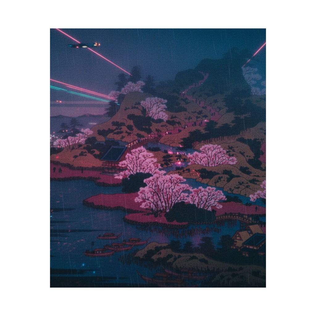 Neon Noir — Tenpōzan At The Mouth Of The Aji River In Settsu Province (Sesshū Ajikawaguchi T — Matte Poster