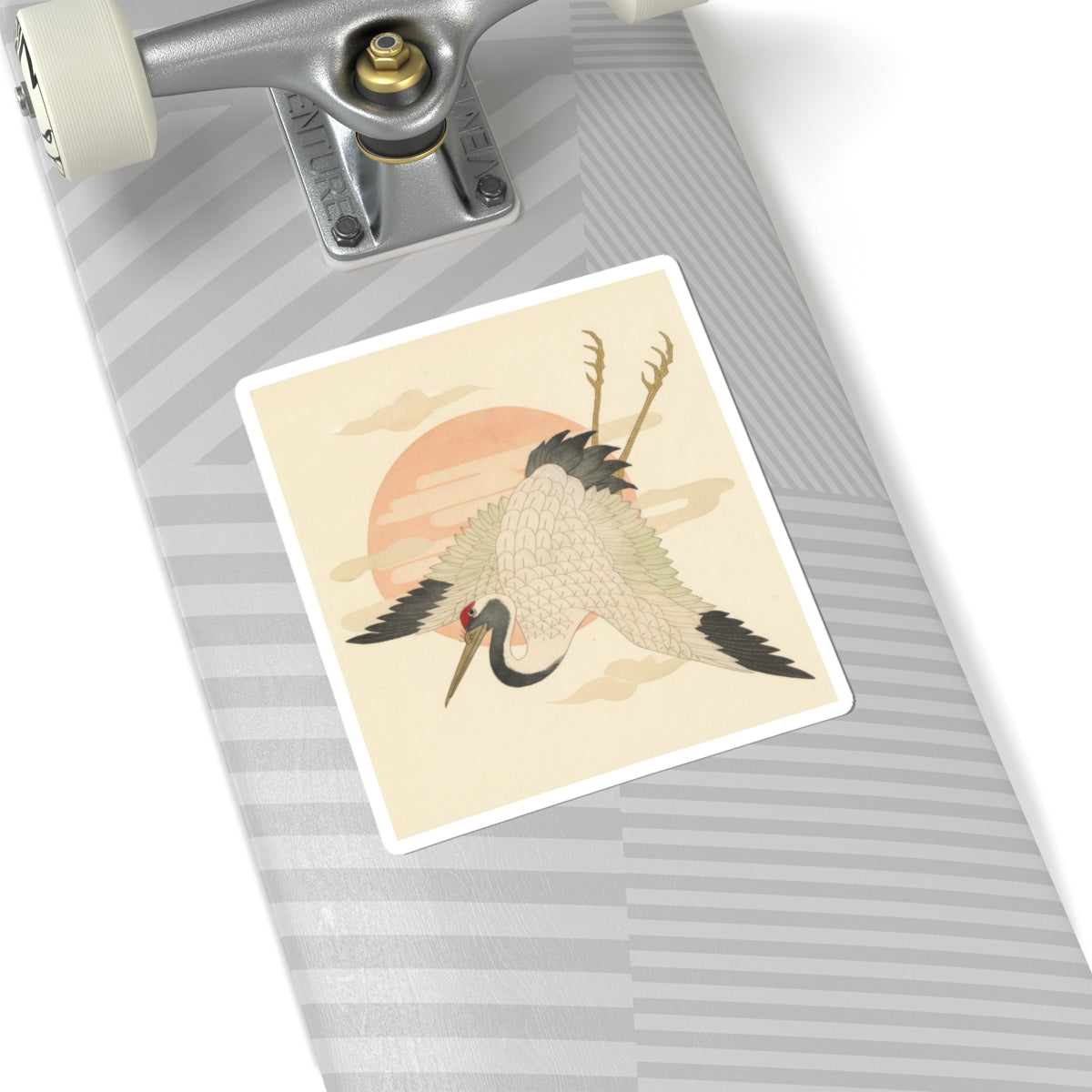 Botanical — White Crane Flying Across The Sun'S Disc — Kiss-Cut Sticker