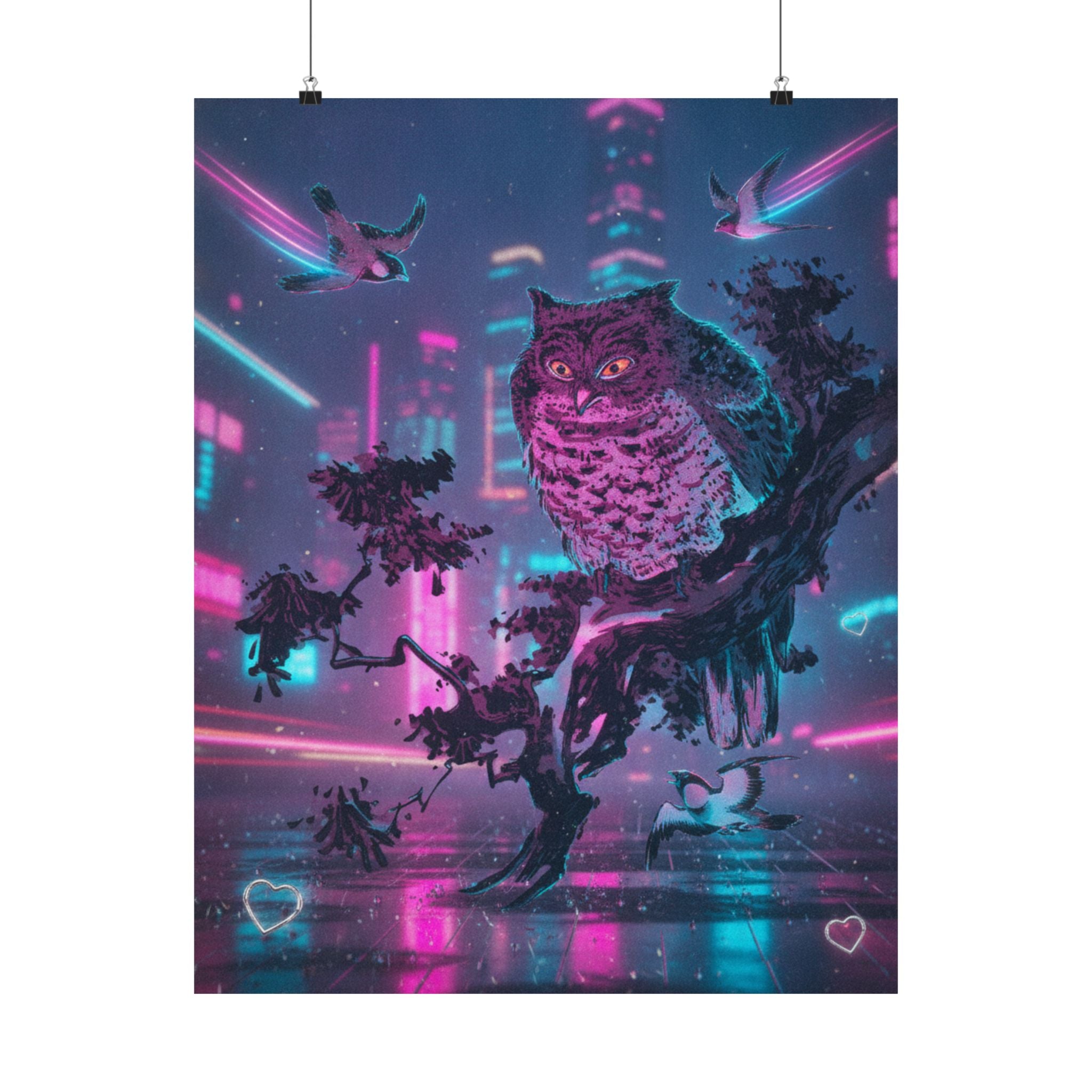 Neon Noir — Owl And Two Swallows — Matte Poster
