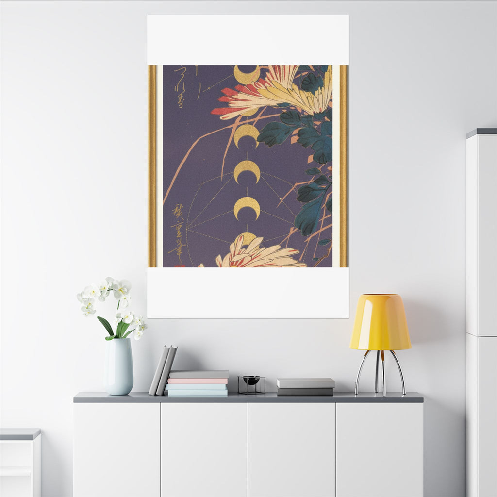 Chrysanthemum and Gold Moon Phases Woodblock Matte Canvas