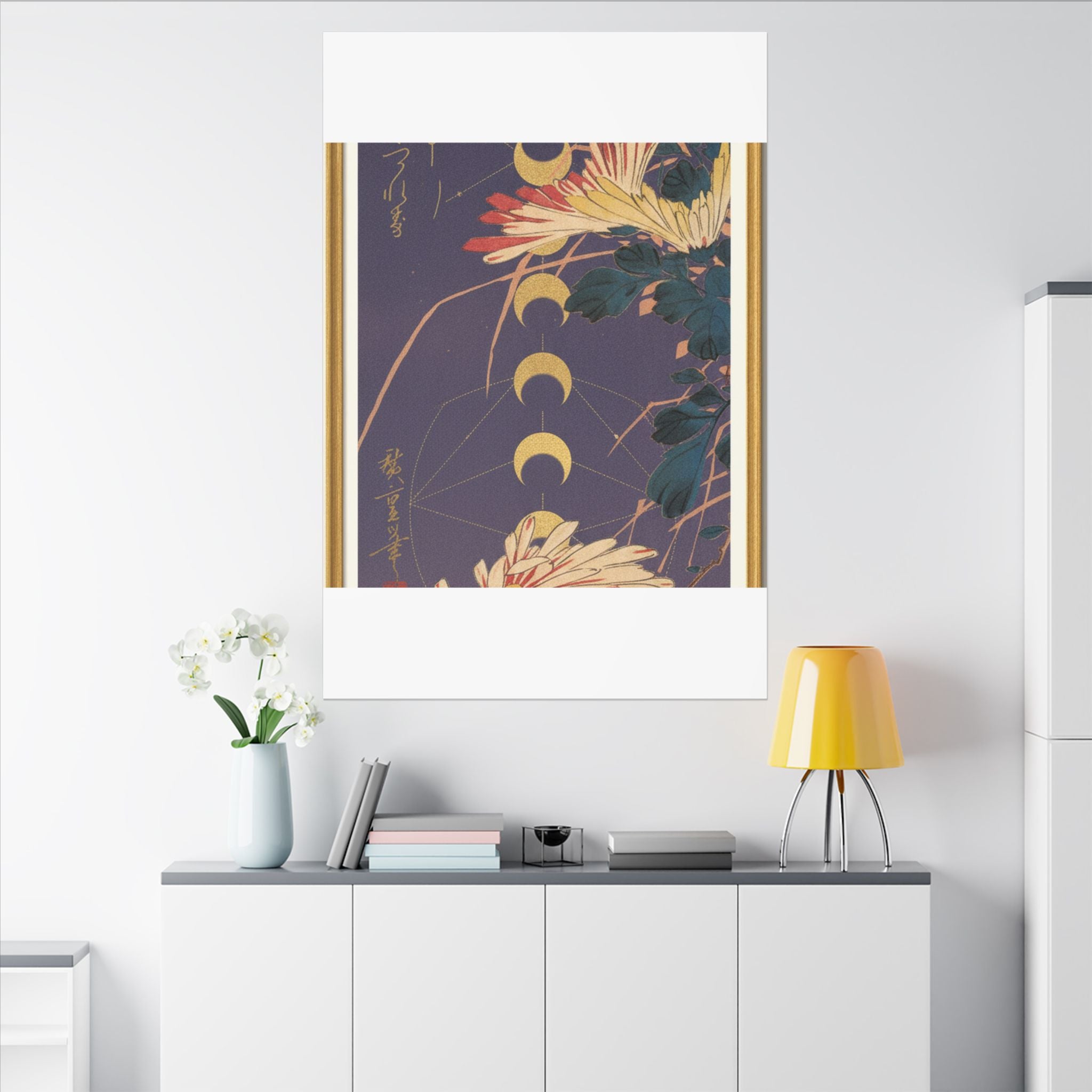 Chrysanthemum and Gold Moon Phases Woodblock Matte Canvas
