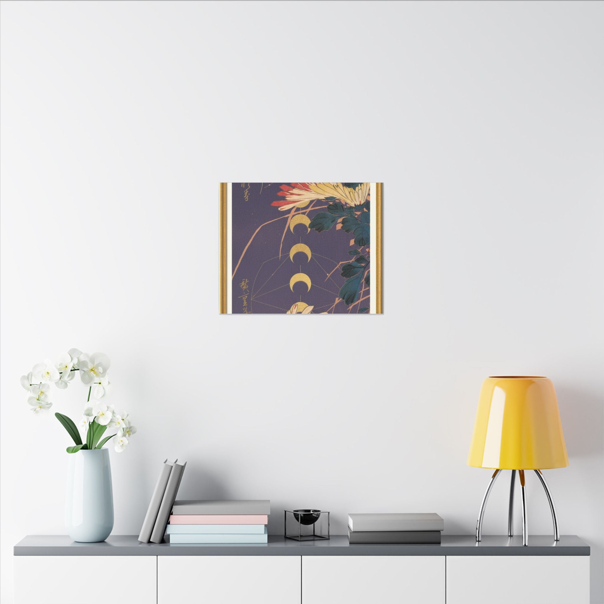 Chrysanthemum and Gold Moon Phases Woodblock Matte Canvas