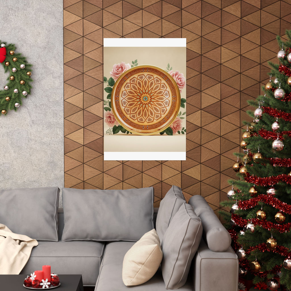 Gilded Moroccan Medallion and Pink Roses Art Poster