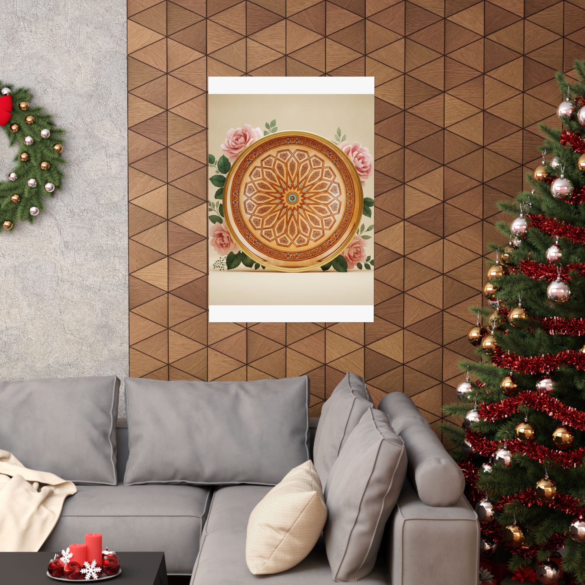 Gilded Moroccan Medallion and Pink Roses Art Poster