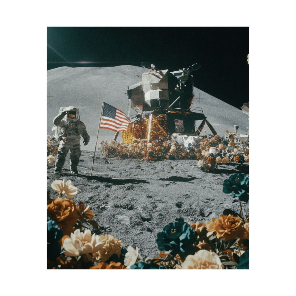 Astronaut Moon Landing in Bloom Surreal Space Poster