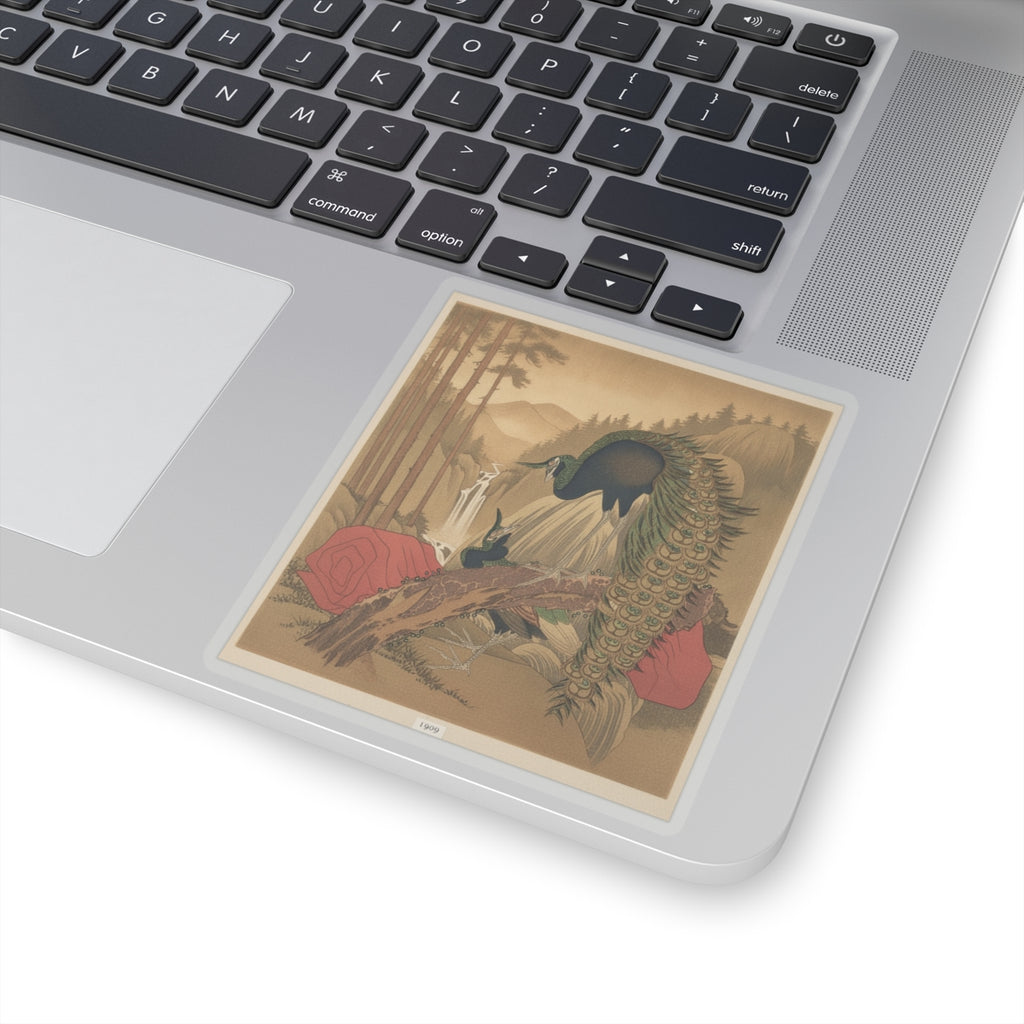 Scenic Nature — Painting Of Peacocks, Pines, A Waterfall, And A Roll Of Red Fabric — Kiss-Cut Sticker